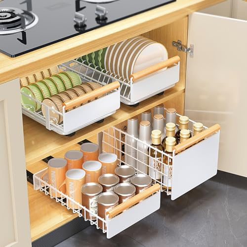 Extendable Kitchen Telescopic Drawer, Carbon Steel Plate Holder, Drawer Organiser with Handle & Adhesive, Kitchen Drawer Storage Shelf for Kitchen Cabinets, No Drilling, 24 W x 38 D x 19.5 H cm
