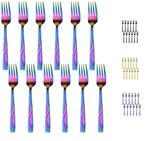 FONGDANLAITE Rainbow 7.1 Inch Salad Fork Set of 12, Colorful Stainless Steel Dessert Forks - Unique Sanded Handle, Dishwasher Safe for Any Occasion