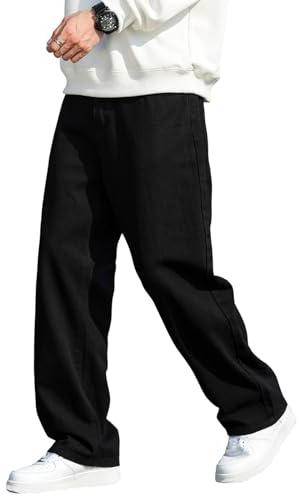Zewool Pantalon Denim Homme Coupe Large Loose Fit Y2K Style Skater Jean Baggy à Jambe Droite Pantalon Hip Hop Streetwear Décontracté Coupe Relaxée Années 2000 pour Skateboard,E Noir,L