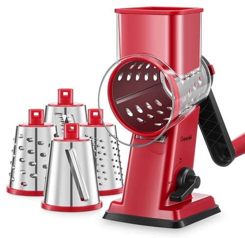 Geedel Käsereibe, Gemüseschneider mit 4 Austauschbare Klingen, Gemüsereibe mit Kurbel, Starkem Saugfuß, Gemüsehobel für Gemüse Obst, Gemüseschneider für Käse, Gurken, Karotten, Nüsse usw. Rot