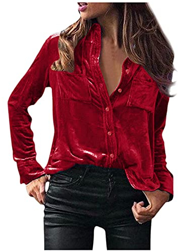 Generisch Camicetta invernale da donna, in velluto, a maniche lunghe, elegante, con bottoni, casual, alla moda, per donne alla moda, Vino, XL