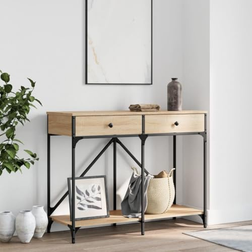 QJBSAVVA Console en chêne Sonoma 100 x 39 x 78 cm, 5 cm, en bois avec cadre en acier, 2 tiroirs et étagère, design élégant pour couloir, salon ou entrée