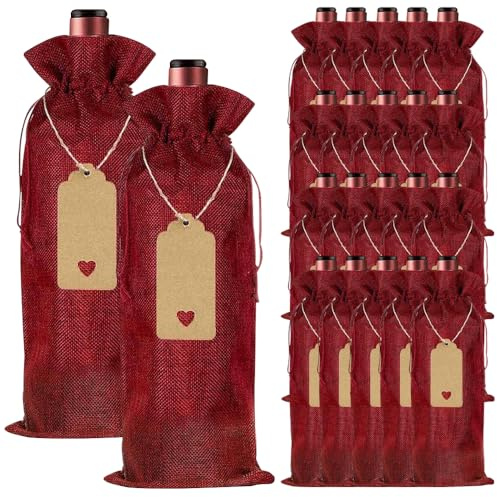 Burlap Wine Bags, 24PCS Wine Gift Bag with Drawstrings Tags, Red, 36 * 16cm