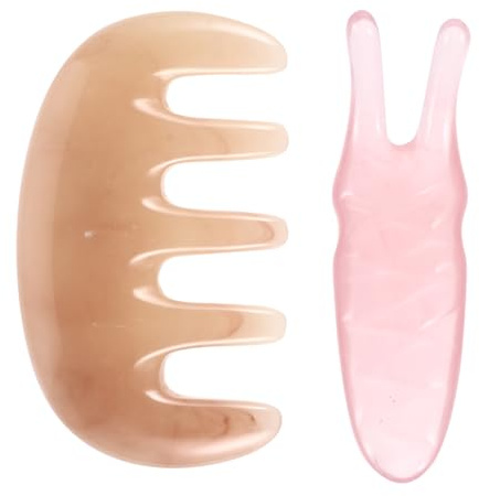 DECOMELODY Peine Multifuncional de Resina 2 Piezas Set, Peine Raspador y Tenedor de Masaje, Masajeador de Cuero Cabelludo Rosa, Herramienta para Bienestar y Relajación Facial y Corporal