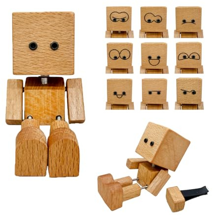 Schüttelmann Wackelfigur Auto, Wackelnder Holzmann mit Austauschbare Magnetische Ausdrücke, Handgefertigter Schüttelmann aus Naturholz, Schüttelnden Beine Holzfiguren für Auto Armaturenbrett Deko (A)
