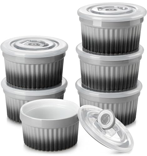 vancasso Ramekins med lock set, 6 x 260 ml, ramekiner och puffformar i porslin, ramequin Creme Brulee för muffin och tårta, gräddeugnsramekin, sås, frukt, Ø10,1 cm - grå