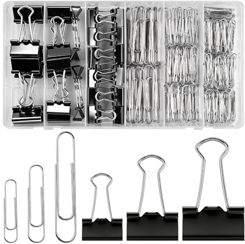 Caianwin 300 Stück Foldback Klammern und Büroklammern, 45/35/25mm Schwarz Binder Clips, 55/33/28mm Paper Clips Vielzweckklammern, Dokumenten Clips Papierklammern Metall