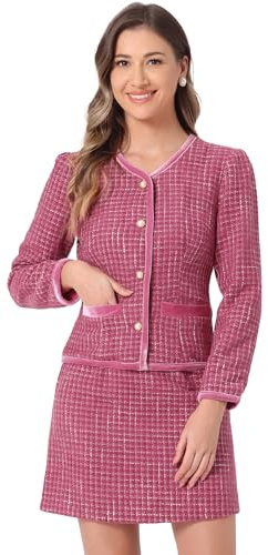 Allegra K Completo da Donna in 2 Pezzi Giacca Blazer Corta in Tweed Scozzese e Gonna Rosa Caldo L