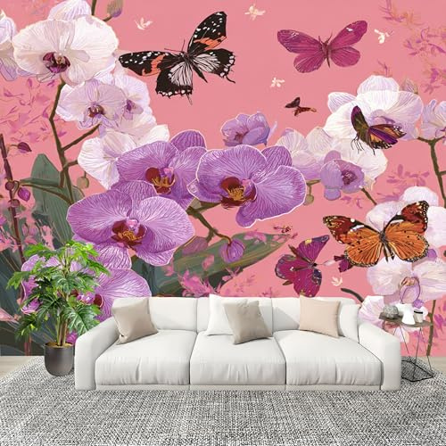 Carta Da Parati Artistico Fotomurale Fiori Di Phalaenopsis Ad Acquerello Poster Gigante Da Parete Per Camera Da Letto, Soggiorno,Corridoio Rosa Decorazione D'interni Murale 350x256 cm