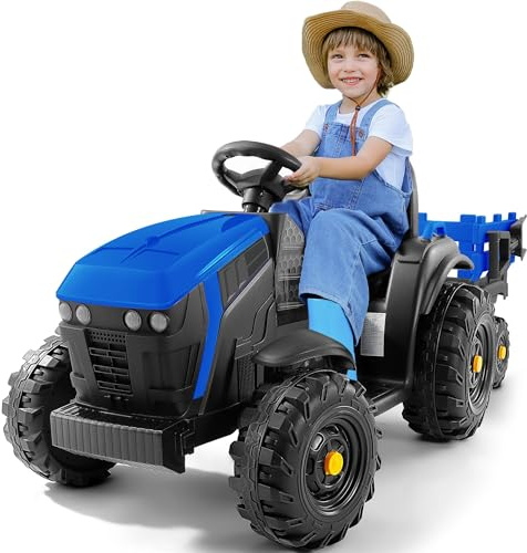 ELEMARA 24V 9AH Electric Ride on Tractor with Trailer, 400W Motors Kids Ride On Car, All-Terrain Capability, Safety Design with 3-Point Seat Belt for Ages 3+, Blue