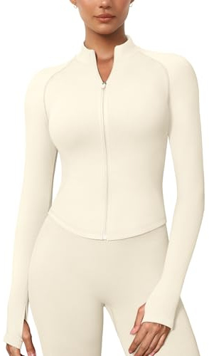ZAAYO Sportshirt Damen Langarm Sport Oberteil Gym Yoga Top mit Reißverschluss Damen Langarm Gym Oberteil Crop Top mit Daumenloch Funktionsshirt Laufshirt Compression Shirts Weiß XS