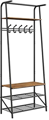 HAUSPROFI Minimalistische Garderobenständer mit Schuhablage, Holz- und Metallrahmen, mit Einer Reihe von 5 Haken und 1 Kleiderstange, für Eingangsbereich und Flur, Schwarz, 64x29x180cm (LxBxH)