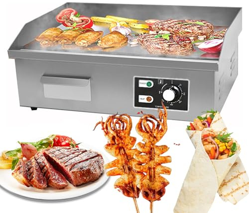 Commercial Electric Griddle, Nonstick Teppanyaki Grill with Adjustable Temp (50-300°C/120-570°F), Stainless Steel Flat Top Countertop Grill, Frying Pan for Pancakes, Burgers & Steak