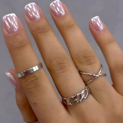 Ceboic 24 Pièces Français Blanc Tip Press on Nails, Carrés Courts Faux Ongles, Nude Brillant Ongles Acrylique, Naturel Réutilisable Artificiels Couverture Complète Ongles à Coller pour Femmes Filles