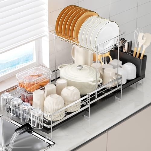 Delamu Stainless Steel Dish Drainer Rack, Expandable Anti-Rust Large Dish Racks for Kitchen Counter, Dish Strainers with Drainboard, Utensil Holder & Cup Holder, 2 Tier, 34-73cm L x 30cm W