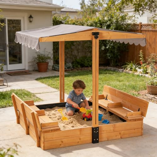 Sandbox for Kids with Adjustable Canopy, Wooden Sand Box with 2 Foldable Seats, Sandbox with Lid Outdoor (Brown)