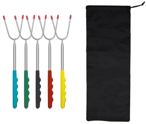 Lot de 5 fourchettes télescopiques en acier inoxydable extra longues de 114 cm avec poignées résistantes à la chaleur pour feu de camp, feu de camp, barbecue