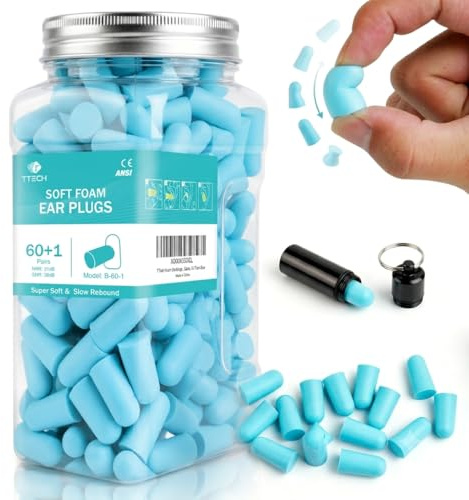 TTech Foam Earplugs for Sleeping 38dB Noise Cancelling, Ultra Soft Comfortable Ear Plugs for Study, Travel & Loud Noise, Reusable Hearing Protection with Case, 60 Pairs Blue, 120 Count