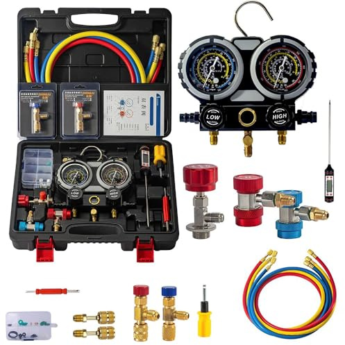 HEYOUTH Réfrigérant Manifold Gauge Set, Ensemble de manomètres pour climatisation,Manomètre pour Réfrigérant Automobile,avec 3X 1,5m de Tuyaux, pour la Charge de Réfrigérant AC de Voiture