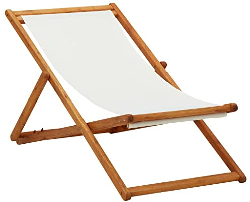 QJBSAVVA Strandstuhl Klappbar aus Eukalyptusholz, Verstellbarer Liegestuhl für Garten Balkon und Strand, Klappbarer Holzsessel Cremeweiß mit 3 Positionen, Gartenstuhl Belastbar bis 110 kg