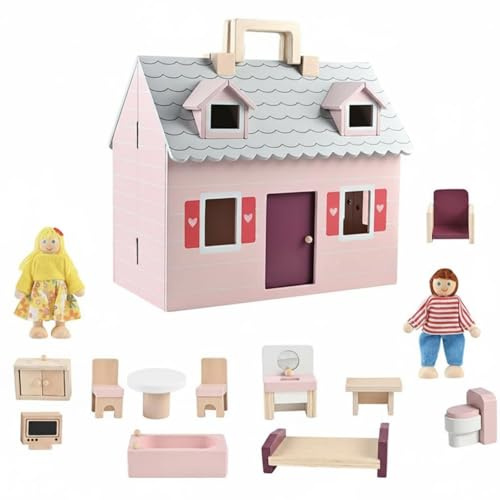 PETSOLA Casa Delle Bambole in Legno con Struttura Richiudibile E Vernice a Base d'Acqua Due Piani con Stanze Realistiche Include Mobili E Accessori Stimola Motricità E Logica Adatta per Bambini Viaggi