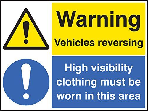 Caledonia Signs 24032Q Warning Vehicles Reversing High Vis Clothing Must Be Worn Sign, Self Adhesive Vinyl, 600 mm x 450 mm