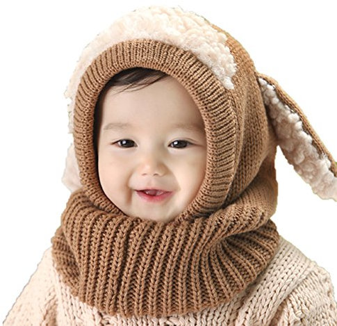 WSLCN Unisex Baby Jungen Mädchen Hüte mit Halstücher Strickhut Pudelmütze Süß Mütze Kontrastfarbe Winter Warm Schal Cartoon Hundohren Khaki One Size(6-36 Monate)