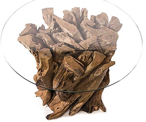 Windalf Premium Natur Design Balkon & Kaffeetisch DIRÂ 80 cm Vintage Couchtisch Lanhaus Wohnzimmertisch mit Glasplatte Küchentisch Handarbeit Wurzelholz