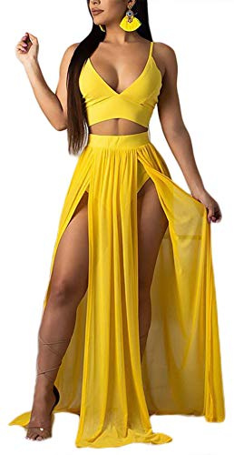 Tenue sexy 2 pièces pour femme avec bretelles en mousseline de soie, col en V profond, soutien-gorge court, haut haut fendu, robes maxi et jupe