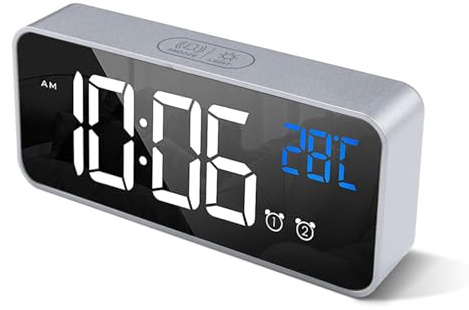 HOMVILLA digital väckarklocka med stor LED-temperaturdisplay, bordsklocka spegellarm med dubbla larm snooze tid 4 nivåer justerbar ljusstyrka dimmer 13 musik USB laddning anslutning sängbord sovrum (silver)