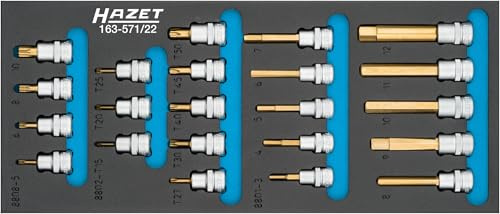 HAZET Steckschlüsseleinsatz-Set 163-571/22, 22-teilig, 3/8 Zoll Vierkant, hochwertige Schraubendreher-Einsätze für Innen-TORX, Innen-Vielzahn XZN und Innen-Sechskant