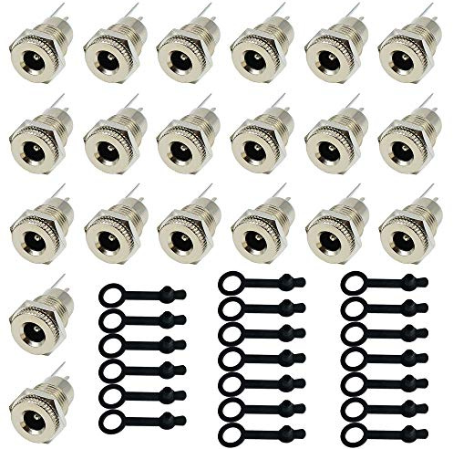 QitinDasen 20Pcs Premium DC Power Weiblich Buchsen, 2.1 X 5.5mm DC Power Jack Buchse Weiblich Verbinder, Panel Mount Stecker Adapter mit Staubdichter Kappe