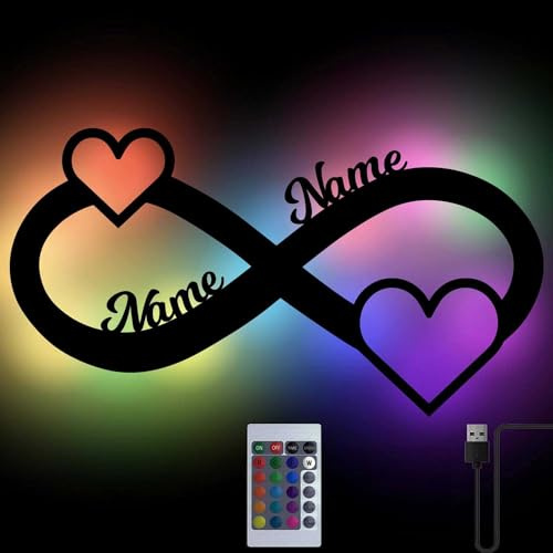 Namofactur personalisierte RGB-Lampe Unendlichkeitszeichen mit Herzen | Mit Wunschnamen, USB-Anschluss und Fernbedienung – in verschiedenen Holzfarben und optional mit Netzteil erhältlich
