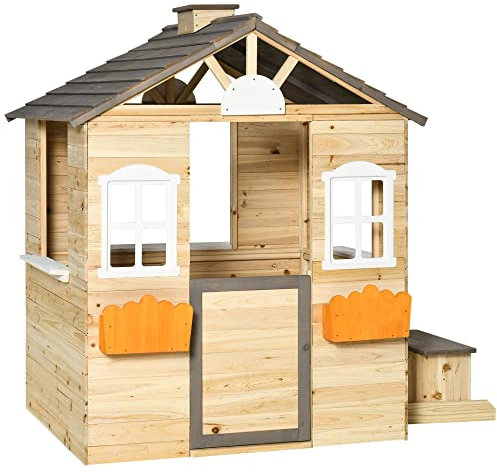 Outsunny Spielhaus für Kinder Holz Kinderspielhaus mit Fenster Briefkasten Outdoor Gartenspielhaus mit Blumentopfrack Holzspielhaus für 3-7 Jahre Tannenholz Natur 113 x 94 x 134,5 cm