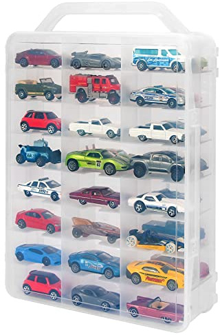KISLANE Double Sided Storage Case for 48 Toy Cars, Matchbox Cars, Portable Transparent Storage Case with 48 Compartments, Case Only (Transparent)…