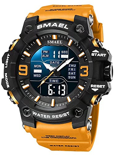 SMAEL Montre militaire pour homme - Montre numérique étanche - LED - Date et alarme - Pour sports de plein air, Orange, Large Face, Numérique