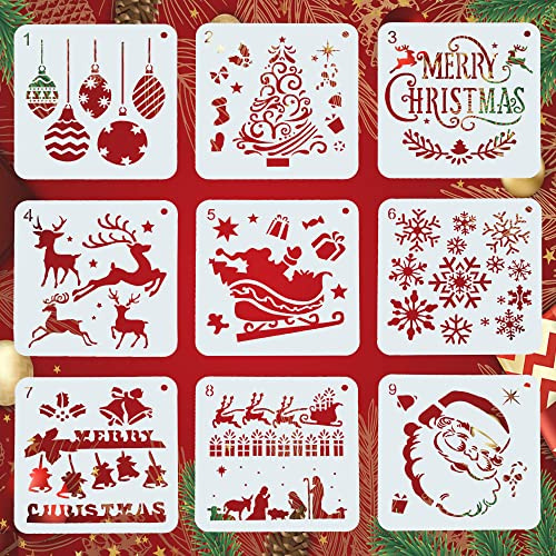 KLYNGTSK 9 PCS Pochoirs 20*20cm Pochoir de Peinture en Plastique Réutilisables Pochoirs de Dessin Fenetre Noël Pochoir Kit pour Scrapbook, Album Photo, DIY, Carte de Voeux
