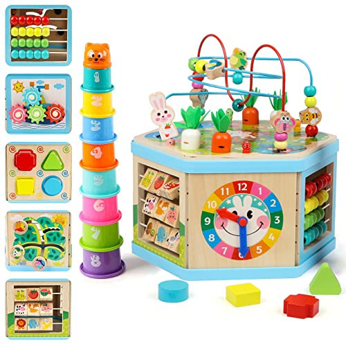 Jacootoys Holz Aktivitätswürfel, 7-in-1 Holz Motorikwürfel Pädagogisches Perlenlabyrinth Sortier Spielzeug für Kinder Babys Jungen Mädchen