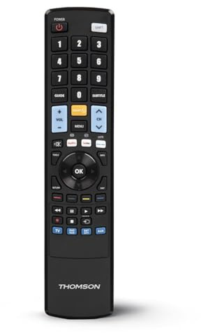 Thomson Universalfernbedienung „ROC4301“ für Smart TV (Infrarot, Ersatzfernbedienung, Universal Fernbedienung, programmierbar, für 4 Geräte, für TV/DVD/Bluray/STB/VCR/Audio, Streaming Tasten) schwarz