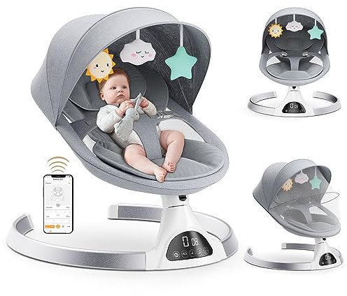 Kotsy Babywippe Elektrisch mit Anpassung der APP-Steuerung,Babyschaukel elektrisch mit 5 Natürlichen Schaukelgeschwindigkeiten, mit Timing,mit Fernbedienung,0-9 kg,Musik,Spielzeug
