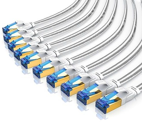 CSL - 10 x 0,25m 25cm CAT 8.1 Netzwerkkabel Flach 40 Gbits Baumwollmantel LAN Kabel Patchkabel CAT 8 Gigabit RJ45 Ethernet Cable 40000 Mbits Geschwindigkeit Flachbandkabel Verlegekabel Cat 6 Cat 7
