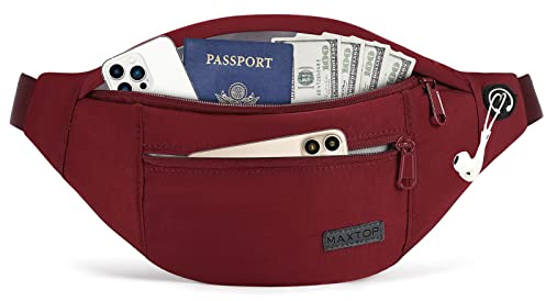 MAXTOP Sac Banane Homme Femme Sac Banane Unisexe avec Prise Casque et Poches à 4 Fermetures à glissière Ceinture réglable pour la randonnée d'entraînement en Plein air Rouge L
