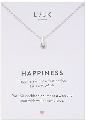 LUUK LIFESTYLE Feminine Halsketten aus Edelstahl mit schlichten Anhängern in zeitlosem Design, Glücksbringer, alltagstauglich und langlebig, HAPPINESS Spruchkarte, Geschenk, Silber, Gold, Roségold