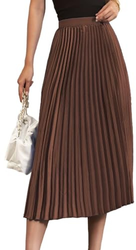 seiveini Jupe Plissée Longue Femme Élégante Jupe A Ligne Taille Elastique Maxi Jupe Fluide Chic Vintage Couleur Unie Jupe Ete Boho Jupe de Plage Jupe Trapèze Pas Cher Jupe Évasée A Marron M