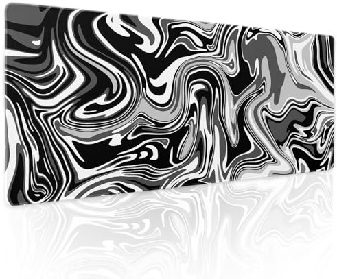 Black White Swirl Gaming Mouse Pad XL Gray Marble Grey Fluid Design Extended Large Mouse Pad Big Desk Mat Non-Slip Rubber Base Stitched Edge Long Keyboard Playmat for Desk Computer,31.5×11.8 Inch
