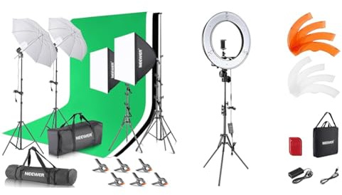 NEEWER Fotostudio Set mit Hintergrund Fotografie & Ringlicht mit Stativ Set: 18 Zoll/45cm Außen 55W 5600K Dimmbare LED Ringleuchte