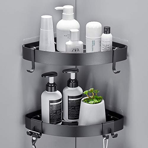 FIISAYL Shower Caddy Corner, Bathroom Shelf Shower Storage Rack Shelf Organiser No Drilling, Black Adhesive Bath Basket Shelves, Rustproof Bathroom Aaccessory, Space Aluminum, Wall Mounted, 2 Pack