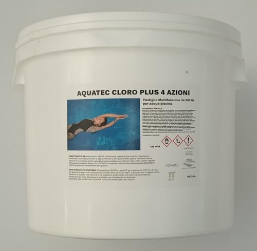 AQUATEC KG 10 Cloro per piscina multifunzione 4 Azioni in Pastiglie da 200 gr. Multiazione Trattamento Acqua di Piscina: Clorazione, Alghicida, Flocculante e Stabilizzante del pH
