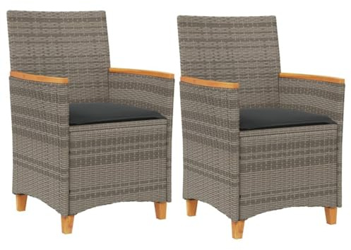 vidaXL Gartenstühle 2 STK., Gartenstuhl mit Kissen, Gartensessel Stuhl für Garten Balkon Terrasse, Sessel Stuhlset Gartenmöbel, Grau Poly Rattan Massivholz