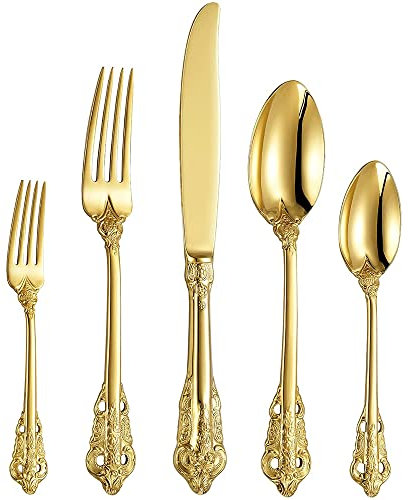 LIKECRAFT Geschirr, 30-teilig, Gold- und Silberbesteck, Robustes Besteck, antikes Besteckset, für 4 Personen, Küchenservice aus Silberbesteck